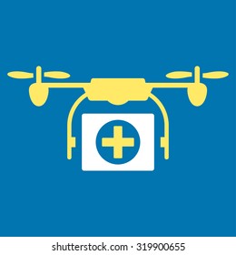 Medical Drone vector icon. Style is bicolor flat symbol, yellow and white colors, rounded angles, blue background.