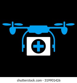 Medical Drone vector icon. Style is bicolor flat symbol, blue and white colors, rounded angles, black background.
