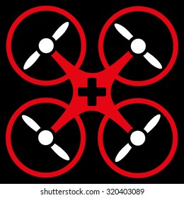 Medical Drone vector icon. Style is bicolor flat symbol, red and white colors, rounded angles, black background.