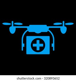 Medical Drone vector icon. Style is flat symbol, blue color, rounded angles, black background.