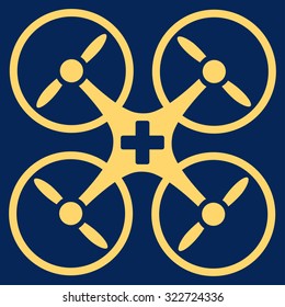 Medical Drone vector icon. Style is flat symbol, yellow color, rounded angles, blue background.