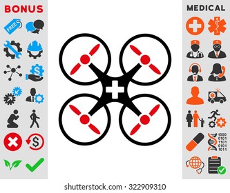 Medical Drone vector icon. Style is bicolor flat symbol, intensive red and black colors, rounded angles, white background.