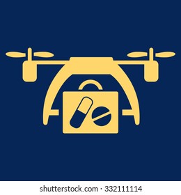 Medical Drone vector icon. Style is flat symbol, yellow color, rounded angles, blue background.