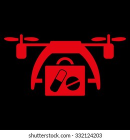 Medical Drone vector icon. Style is flat symbol, red color, rounded angles, black background.