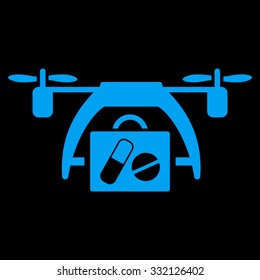Medical Drone vector icon. Style is flat symbol, blue color, rounded angles, black background.