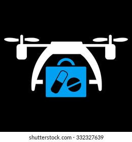 Medical Drone vector icon. Style is bicolor flat symbol, blue and white colors, rounded angles, black background.