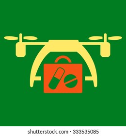 Medical Drone vector icon. Style is bicolor flat symbol, orange and yellow colors, rounded angles, green background.