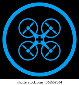 Medical Drone vector icon. Style is flat circled symbol, blue color, rounded angles, black background.