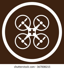 Medical Drone vector icon. Style is flat circled symbol, white color, rounded angles, brown background.
