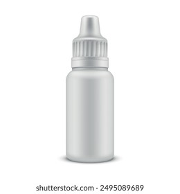 Medical drop bottle nasal and eye dropper drug package mock up realistic vector illustration. Medicine cure treatment fluid pharmaceutical plastic container with closed lid healthcare medication