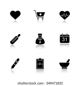 Medical drop shadow black icons set. Hospital cardiology center. Thermometer, doctor, and homeopathy symbols. Pharmacy store and alternative medicine herbs. Logo concept. Vector isolated illustrations