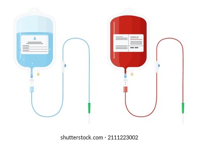 Medical dropper, blood transfusion. Vector icon in flat style. Plasma transfusion, charity and human life saving, medicine and treatment. Bag with blood and plasma isolated on white background