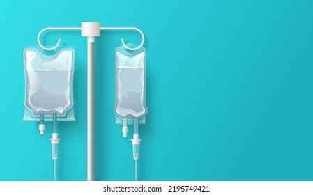 Medical Dropper System With Bag On Tube 3d Vector Illustration. Advertising Poster With Laboratory Equipment Over Copy Space. Hospital Emergency Services Promotion