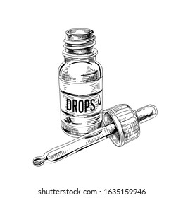 Medical drops, bottle with dropper. Hand drawn retro vector illustration. Medical container for nasal or eye liquid treatment and pipette, vintage-style sketch isolated on white background.