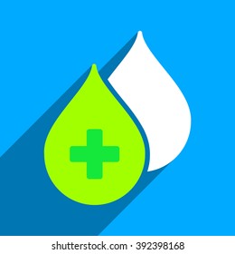 Medical Drops long shadow vector icon. Style is a flat medical drops iconic symbol on a blue square background.