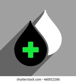 Medical Drops long shadow vector icon. Style is a flat medical drops black and white iconic symbol on a gray square background.