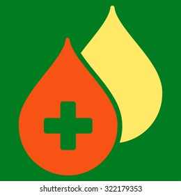 Medical Drops vector icon. Style is bicolor flat symbol, orange and yellow colors, rounded angles, green background.