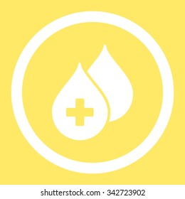 Medical Drops vector icon. Style is flat rounded symbol, white color, rounded angles, yellow background.