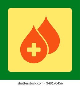Medical Drops vector icon. Style is flat rounded square button, orange and yellow colors, green background.