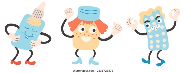 medical drug character set in doodle style in vector. isolated image for apps stickers website logo print mascot