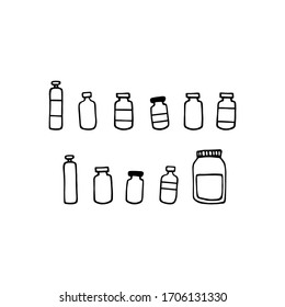 Medical drug container set. Doodle bottles for different shapes. Vector illustration with pharmaceutical hand drawn medicine isolated on white background. Signs of medications, treatment, tablets
