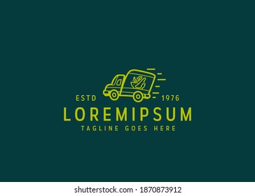 Medical drug delivery services logo design. Vector illustration of medical drug delivery truck. Vintage logo design with line art icon style.