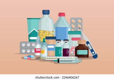 Medical drug. Pharmacy bottles. Pills blisters. Prescription pharmaceutical antibiotics. Aspirin or vitamins. Healthcare and medicine. Remedy ampoule. Vector illustration current concept