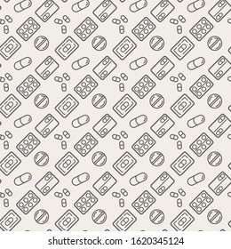 Medical Drug Seamless Pattern. Medicine Capsule Icons Pattern Background. Vector Graphics