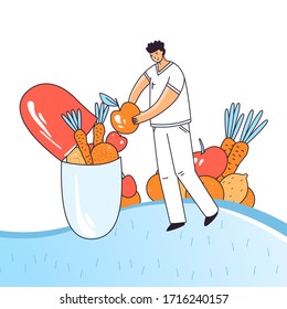 Medical Drug Vector Illustration With Man Character Who Puts Vital Minerals, Vitamins, Antioxidants, Healthy Elements Of Vegetables And Fruits In A Pill Capsule With Medicine. Flat Concept