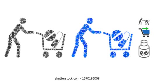 Medical drugs buyer cart mosaic of round dots in variable sizes and color hues, based on medical drugs buyer cart icon. Vector round dots are united into blue mosaic.