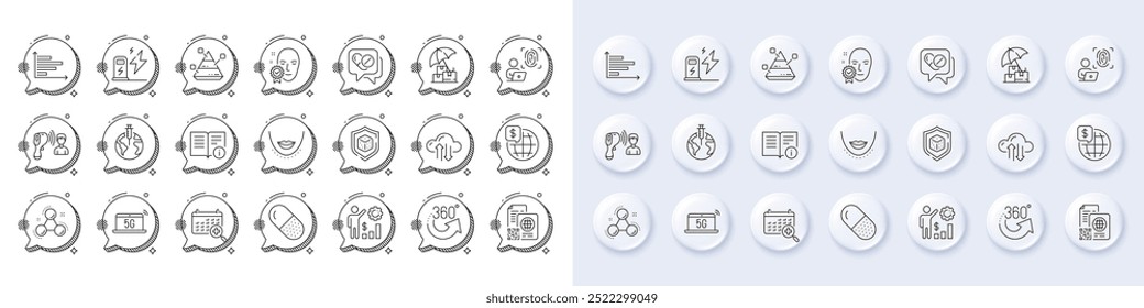 Medical drugs, Chemistry molecule and Chin line icons. White pin 3d buttons, chat bubbles icons. Pack of Qr code, Face verified, Technical info icon. Vector