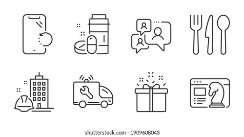 Medical drugs, Construction building and Food line icons set. Smartphone recovery, Car service and Seo strategy signs. Special offer, Support chat symbols. Quality line icons. Vector