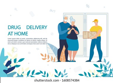 Medical Drugs Delivery at Home Service Advert. Medicine and Healthcare for Elderly. Old Married Man and Woman Family Couple Receive Package with Medications from Courier. Medicare and Pharmacy