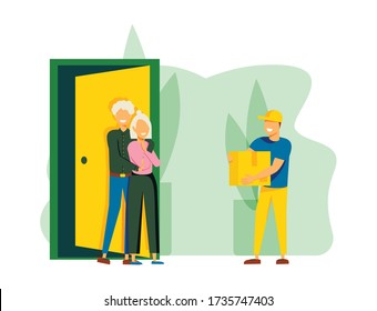 Medical Drugs Delivery at Home Service Advert. Medicine and Healthcare for Elderly. Old Married Man and Woman Family Couple Receive Package with Medications from Courier. Medicare and Pharmacy