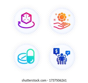 Medical drugs, Employee hand and Augmented reality icons simple set. Button with halftone dots. Teamwork sign. Medicine pills, Work gear, Virtual reality. Employees chat. Science set. Vector
