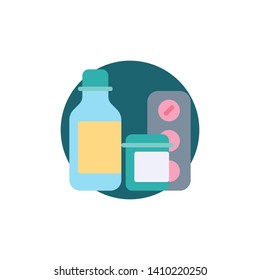 Medical drugs flat icon. Round colorful button, Medicine bottle and pills circular vector sign. Flat style design