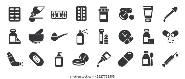 Medical drugs glyph solid icons collection. Containing pharmacy, pill, prescription, health. Minimal icon and symbol series vector illustration