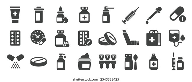 Colección de iconos sólidos de glifos de medicamentos médicos. Contiene iconos de farmacia, píldoras, recetas, salud, etc. Para el diseño de marketing de Sitio web, logotipo, App, Plantilla, ui, etc. Ilustración vectorial.