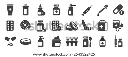 Medical drugs glyph solid icons collection. Containing  pharmacy, pill, prescription, health etc icons. For website marketing design, logo, app, template, ui, etc. Vector illustration.