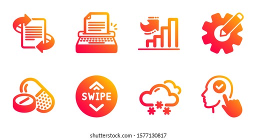 Medical drugs, Growth chart and Snow weather line icons set. Swipe up, Cogwheel and Marketing signs. Typewriter, Select user symbols. Medicine pills, Diagram graph. Science set. Vector