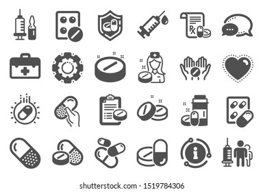 Medical drugs icons. Healthcare, Prescription and Pill signs. Pharmacy drugs, medical nurse, recipe pill icons. Antibiotic capsule, syringe vaccination, medicine cure. Quality set. Vector