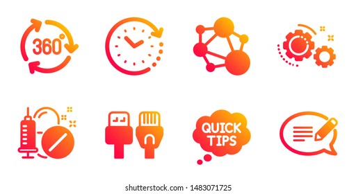 Medical drugs, Integrity and Time change line icons set. 360 degree, Computer cables and Quick tips signs. Gears, Message symbols. Medicine pills, Social network. Science set. Vector