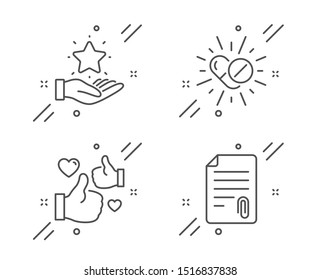 Medical drugs, Like and Loyalty program line icons set. Attachment sign. Medicine pills, Thumbs up, Bonus star. Attach file. Business set. Line medical drugs outline icon. Vector