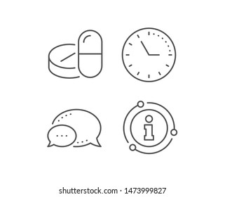 Medical drugs line icon. Chat bubble, info sign elements. Medicine pills sign. Pharmacy medication symbol. Linear medical drugs outline icon. Information bubble. Vector