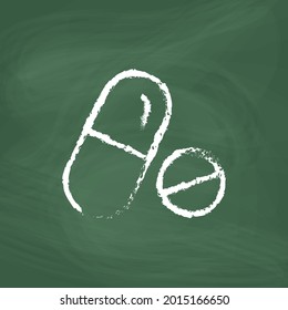 Medical Drugs line Icon design white chalk. Draw a picture on the blackboard.