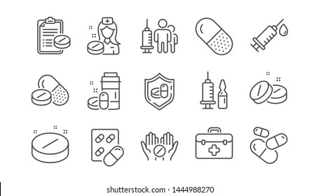 Medical drugs line icons. Healthcare, Prescription and Pill signs. Pharmacy drugs, recipe pill icons. Antibiotic capsule, syringe vaccination. Linear set. Vector