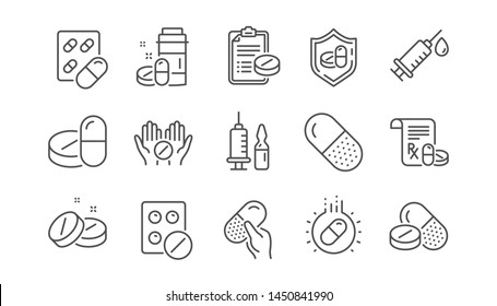 Iconos de la línea de medicamentos médicos. Señales de salud, prescripción y píldora. Medicamentos de farmacia, íconos de píldoras de recetas. Cápsula antibiótica, vacunación con jeringa. Conjunto lineal. Vector