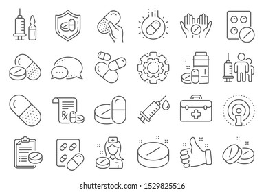 Medical drugs line icons. Healthcare, Prescription and Pill signs. Pharmacy drugs, medical nurse, recipe pill icons. Antibiotic capsule, syringe vaccination, medicine cure. Line signs set. Vector