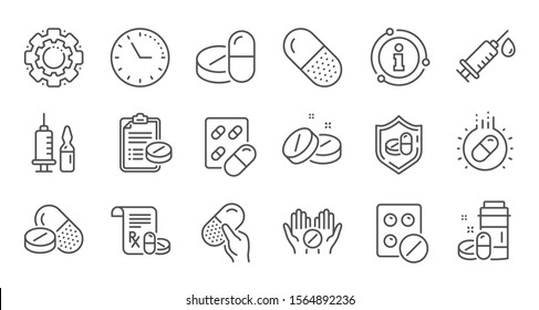 Medical drugs line icons. Healthcare, Prescription and Pill signs. Pharmacy drugs, recipe pill icons. Antibiotic capsule, syringe vaccination. Linear set. Quality line set. Vector