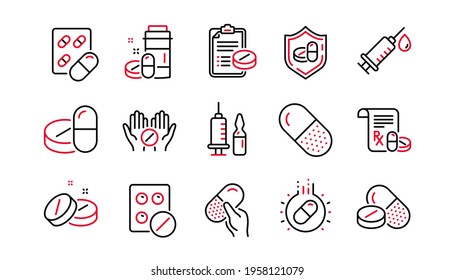 Medical drugs line icons. Healthcare, Prescription and Pill signs. Pharmacy drugs, recipe pill icons. Antibiotic capsule, syringe vaccination. Linear set. Linear set. Quality line set. Vector